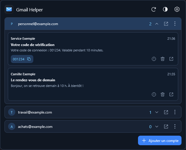 Le même lecteur Gmail Helper en thème sombre avec uniquement des comptes fictifs