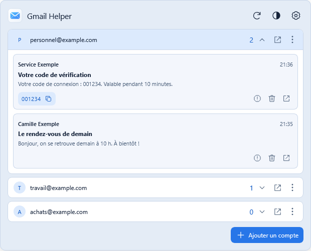 Capture de Gmail Helper : trois comptes fictifs, aperçu d’un mail et bouton de copie du code 001234