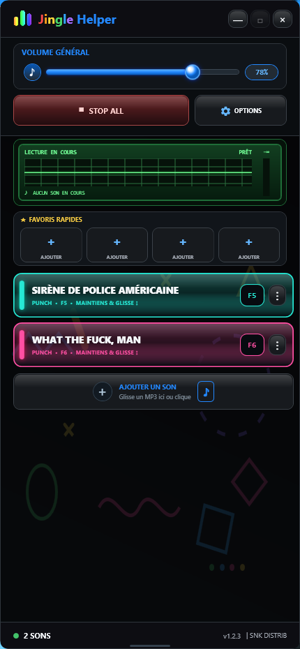 Interface de Jingle Helper avec deux sons inclus