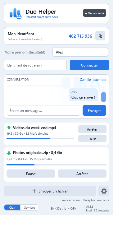 Interface Duo Helper : identifiant, conversation, transfert et réglages