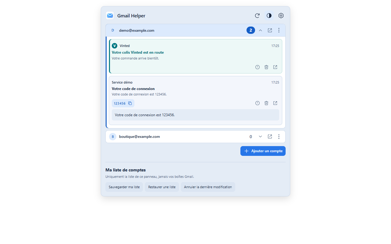 Capture réelle de Gmail Helper avec deux comptes et mails entièrement fictifs